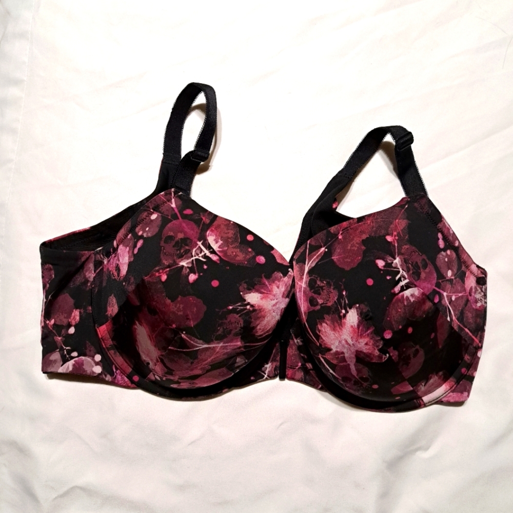Elegant Floral Black and Pink Bra With Skulls Underwire Lined 38D